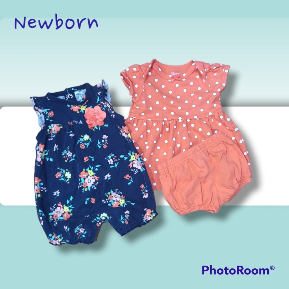 2 Sets Carter's Top & Bottom Set and Sleeveless Romper Size Newborn